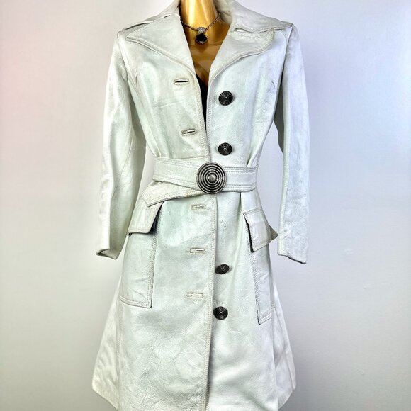 Vintage 60s 70s mod leather trench coat jacket - Picture 1 of 11